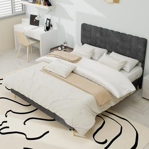 HaoChrymec Letto Imbottito con Testiera Morbida in Tessuto e Metallo, Design Moderno, Base Bassa Low-Profile Senza Contenitore, Colore Grigio, 140x200 cm, Senza Materasso