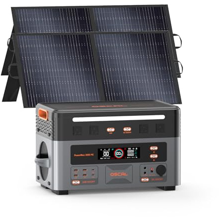 OSCAL 3600W Centrale Elettrica Portatile con Pannello 2x100W, 2160Wh Generatore Solare con Batteria LFP, UPS, Ricarica 80% in 1h, 14 Porte, Portable Power Station per Casa, Camper, PowerMax 3600PE