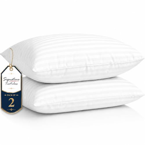 Hotel Quality Stripe Pillows 2 Pack – Soft Hollowfibre Filled Bed Pillows with Bounce Back Support, Hypoallergenic Hotel Style Pillows for Side, Back & Stomach Sleepers