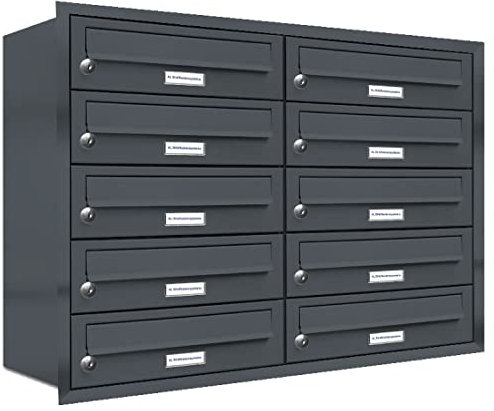 AL Briefkastensysteme, 10er Unterputzbriefkasten in Anthrazit Grau RAL 7016, 10 Fach wetterfeste Briefkastenanlage Design modern