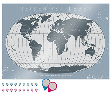 itenga Poster Weltkarte DIN A0 250g mit Schutzlack und 20 Pin-Stickern (10 Blau / 10 Magenta) zur Markierung von Reisezielen