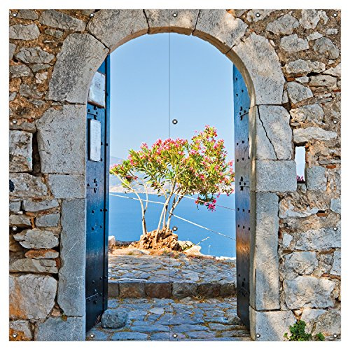 Wallario XXL Outdoor-Poster für Garten oder Balkon Torbogen Toskana, Motivbanner Größe: ca. 180 x 180cm, 2-teilig, Outdoor-Bild
