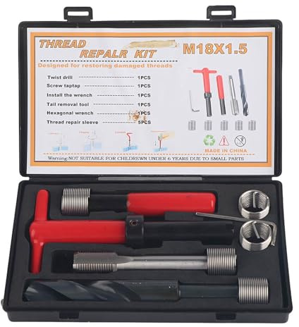 10-teiliges M18x1,5 Gewindereparatur Kit Hochfester Edelstahl Gewindebohrer mit Gewindeeinsatz Werkzeuge für Kfz-Teile