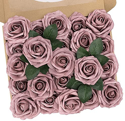 N&T NIETING Artificial Flowers Roses, 25pcs Real Touch Fake Roses with Stem | DIY Flowers for Wedding Bridal Bouquets, Valentine's Day, Mother's Day, Baby Shower, Home Decoration, Dusty Pink