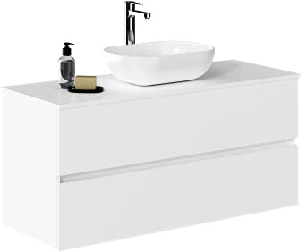 Baikal Bagno Onyx, 2 cassetti, sospeso a Parete, con lavabo in ceramica. Mobile Montato, Melamina 16, Mobile F46 + Top + Lavabo 120 cm Bianco