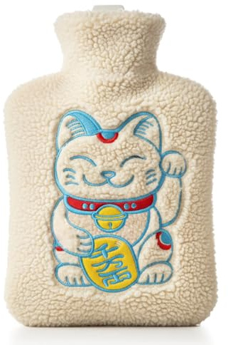 Kuschelige Glückskatze Wärmflasche | Weiß | Große Maneki Neko Wärmflasche | 1,8 Liter (33x20cm)