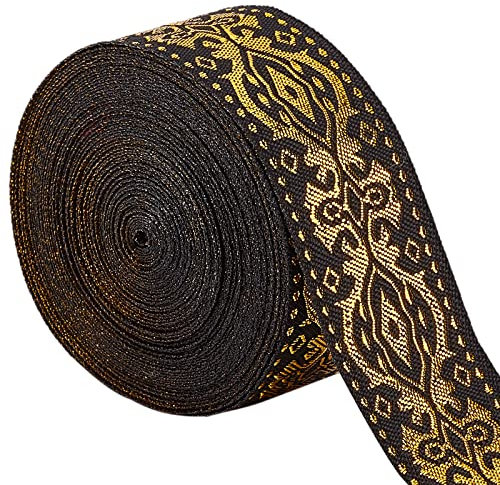 GORGECRAFT Nastro Jacquard Etnico 33 mm di Larghezza Doppio Lato Ricami Floreali Dorati Nastri Intrecciati In Poliestere Fascia Nera con Frange per Cucito Fai Da Te Artigianato Abbigliamento