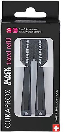 Curaprox Têtes de brosse à dents pour set de voyage Black is white/Nettoyage ultra doux en déplacement/Noir/Duo de recharges/Fabriqué en Suisse