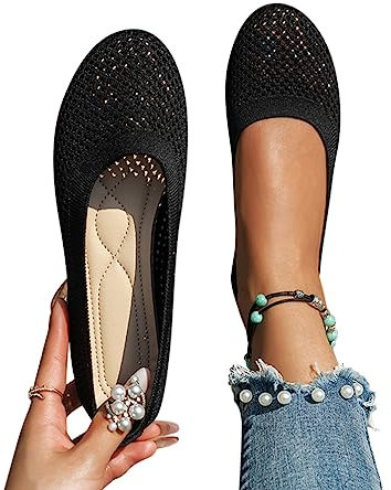 Minetom Damen Ballerina Slip On Schuhe rutschfest Stricken Sneaker Bequem Atmungsaktiv Sommer Sportlich Frauen Flache Schuhe Komfort Flats Schuhe A Schwarz 37 EU