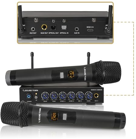 Sound Town 100 Channels Wireless Microphone Karaoke Mixer System with 2 Metal Handheld Microphones, Optical (Toslink), AUX, for Smart TV, Home Theater, Sound Bar (SWM16-2MEGA)