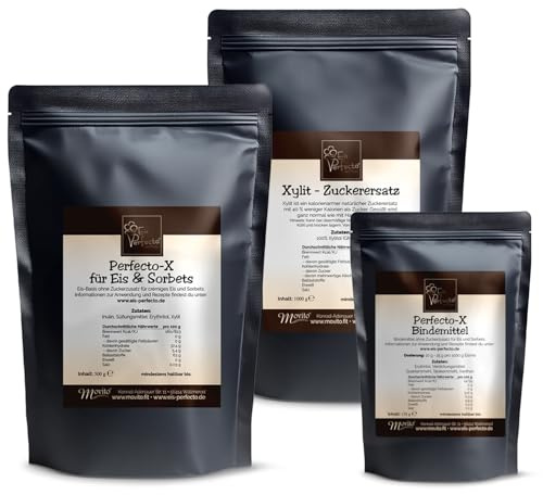 Perfecto-X-Starter Set für besonders cremiges und leckeres selbstgemachtes Speiseeis OHNE ZUCKER │Eispulver ohne Zuckerzusatz | Inhalt: 1.000 g Xylit│ 500 g Perfecto-X-Eispulver │150 g X-Bindemittel