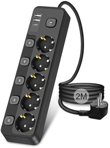 Ciabatta Multipresa con USB C, 2M Multipresa con Interruttori Indipendenti, 5 Prese Presa Multipla con 2 USB-A e 1 USB C, Protezione Sovratensione, per Casa, Ufficio, Nero(2M)