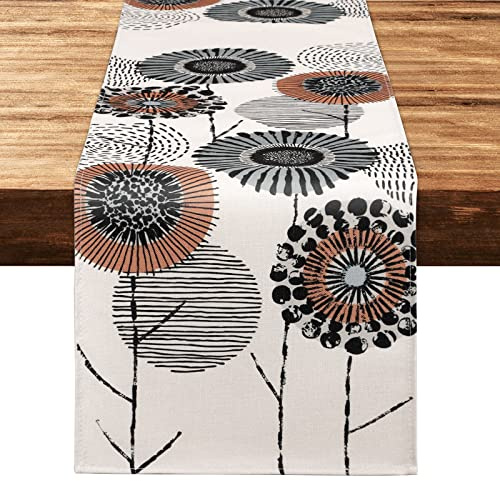 Weldomcor Leinen Blumen Tischläufer Modern Abwaschbar Grau Orange 32x120cm | Saisonnal Sommer Küche Tischdecke Boho Landhausstil Tischdeko für Wohnzimmer Couchtisch Esstisch Party Hochzeit Outdoor Deko