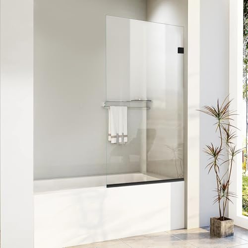 Bathroom Shower Glass Door 24 * 62 - 5/16(8mm) Thick Clear Tempered Glass Panel, Fixed Hinged Framless Shower Glass Door with Bottom Seal, Matte Black