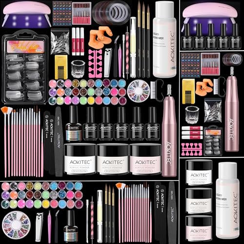 Kit Ongle Gel UV Complet Aokitec, Cadeau pour le Calendrier de l'Avent 2025, Kit Ongles avec Poudre Acrylique pour Ongles, Gel Ongle UV, Lampe UV, Lime a Ongle Electrique, Accessoire Ongle, Nail Art
