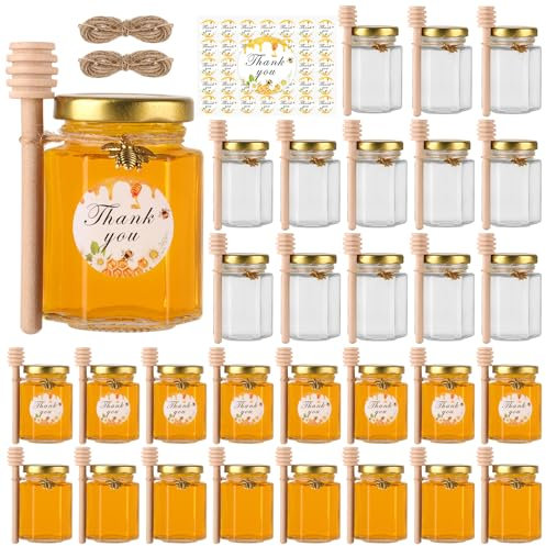 BIGIVACA 4 oz Hexagon Mini Glass Honey Jars with Wood Dippers,30 Pack Small Honey Jars with Gold Lids,Bee Pendants,Jutes,35 Bee Stickers,Perfect for Baby Shower,Wedding Favors,Party Favors