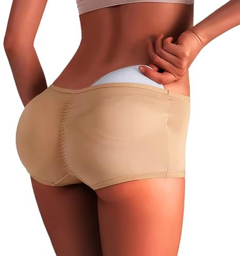 OFFSUM Mujer Bragas con Relleno - Sexy Suave Cintura Baja Esponja Extraíble Acolchada Levantador De Glúteos Lencería Culo Falso Sin Costuras Push Up Control Bragas Fajas,Beige,S