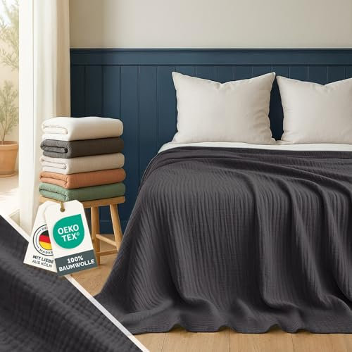 Blumtal Tagesdecke 150x200 cm - Musselin Decke Oeko-TEX zert. - Bettüberwurf 150x200 - Couch Überwurf - leichte Kuscheldecke Baumwolle 100% - Tagesdecke Bett - Decke Anthrazit