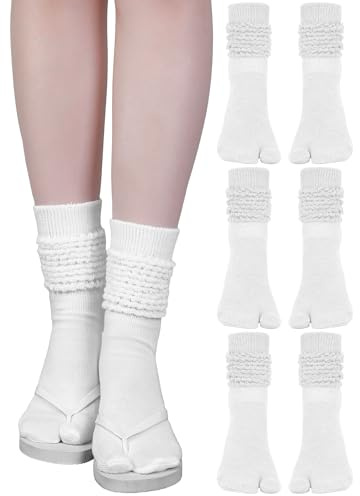 Fourluoo 3 Pairs Flip Flop Socks Slouch Scrunch Tabi Split Toe Japanese Long Knit Socks for Women(White,5-8)
