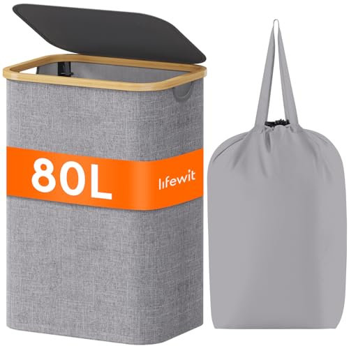 Lifewit 80L Laundry Basket with Lid, Clothes Hampers for Laundry with Bamboo Handles and Removable Laundry Bags, Large Foldable Laundry Hamper for Bedroom, Bathroom, Dorm,Laundry Room, Light Grey