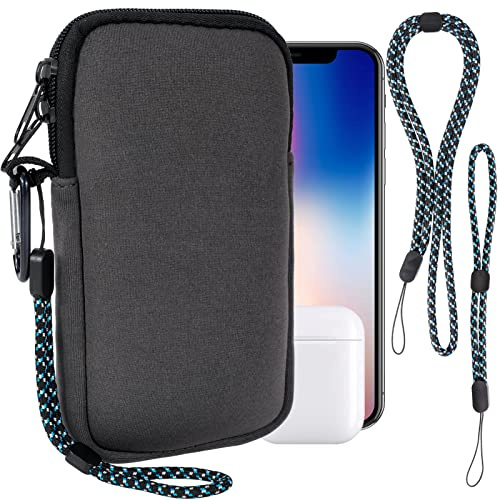 Estuche de Neopreno Universal para Smartphone, Carcasa para móvil Funda Protectora a Prueba de Golpes con Mosquetón y Correa de Cordón Travel Case with Pockets Phone Bag para Samsung,iPhone,Gris,L