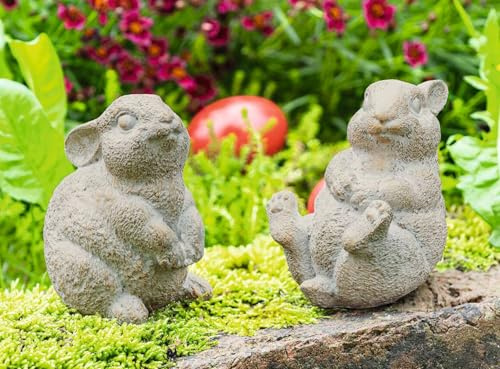 Dekoleidenschaft 2X Dekofigur Hase Stone aus Zement, grau mit Gold Finish, 10 cm hoch, Osterhase, Osterdeko, Gartendeko für Draußen