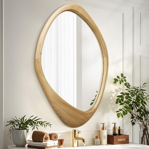 AAZZKANG Grande specchio da parete con cornice in legno irregolare, 60 x 40 cm, specchio decorativo asimmetrico da appendere per bagno, camera da letto, soggiorno, ingresso