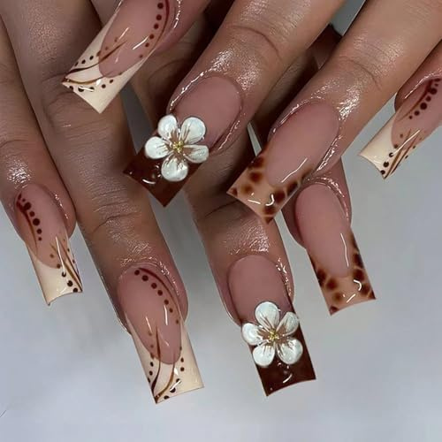 GlamRays Lange Press on Nails Blumen French Tip Falsche Quadratisch Falsche mit Steinen Design Ombre Kleben Funzelige Kunstnägel Lange Nail 24 Stück