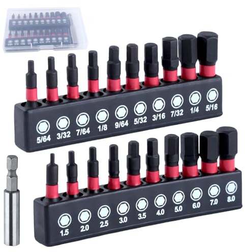 LEONTOOL 20 PCS Hex Head Allen Wrench Drill Bit Set with 1/4 Inch Bit Holder Metric and SAE Magnetic Hex Shank Drill Bit Set with Storage Box S2 Alloy Steel 1 Inch Long Strong Magnetic Tips