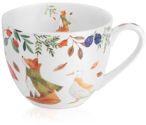 MFoffice Autumn Forest Animal Mug - 20 oz Bone China Coffee Mug with Fox, Squirrel & Duck, Cozy Fall Gift for Nature Lovers and Friends, Designed in England by Harvest Green Studio