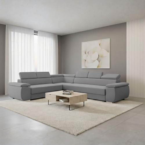 FORNIRO 24 Dantino Ecksofa 318x255x79 Hellgrau Wohnzimmer Couch Schlafsofa | Mit Schlaffunktion & Bettkasten - L-Form - Kissen - Stoff Premium | ausziehbar Gäste bequem Stauraum Design hochwertig robust