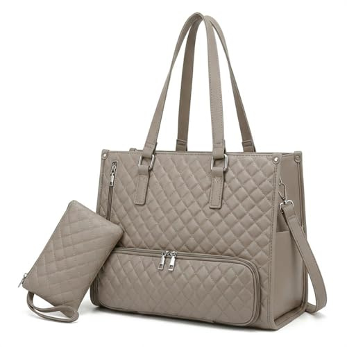 HoldOneLight Lunch 2 in 1 Tote Bag for Women, 15.6 Inch Laptop Bag with Insulated Lunch Compartment, Quilted Large Capacity Computer Handbag with Purse