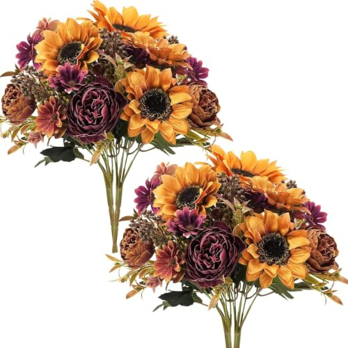 Fairblo 4 Bouquet di Fiori Artificiali Decorativi Arancioni Girasole Peonia Crisantemo Fiori Finti in Seta Girasoli Artificiali per Casa Giardino Ufficio e Bouquet da Sposa