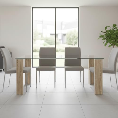 Yellowshop | Tavolo Rettangolare da Pranzo in Vetro temperato 12mm per Studio, Cucina, Soggiorno, Struttura in mdf con finitura Legno Nature, L160xP90xH75 ARLEY