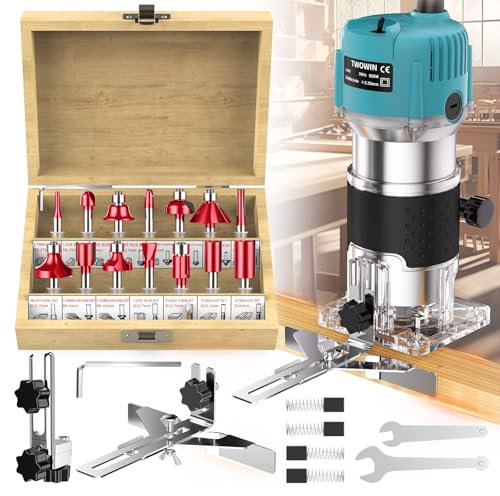 Palm Router Tool, 800W 30000Rpm Electric Woodworking Hand Router with Trimmer Base & 15Pcs 1/4(6.35mm) Router Bits Set, 220V Wood Trimmer Router