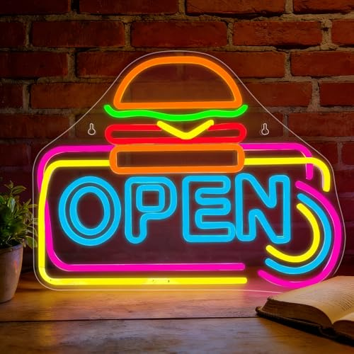 BEHUX Hamburger Neon Sign, Open Neon Light Sign, LED Neon Light Sign for Wall, USB Open Signs for Burger Shop Restaurant, Fast Food Shop, Party, Party Decoration & Gift