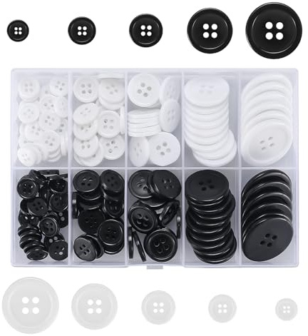 100 Botones de Resina de 4 Agujeros, Tamaños Variados de 10-25 mm, Botones Blancos y Negros para Coser Camisas, Vestidos y Abrigos, Abrojo de Resina Resistentes con Caja de Almacenamiento para Materi