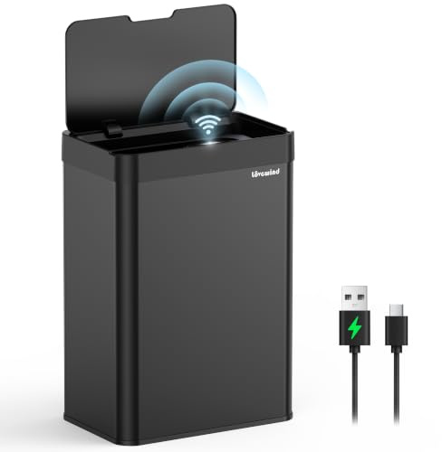 lovewind 55L Sensor Mülleimer Küche, Automatischer Mülleimer mit Sensor & Type-C Aufladung, Edelstahl Abfalleimer mit Deckel, Berührungsloser Küchenmülleimer, Soft-Close Deckel, Geruchsdicht, Schwarz
