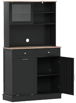 KOMFOTTEU Aparador de Cocina con Soporte para Botes de Basura, Mueble Buffet con Encimera de Madera de Caucho, 2 Cajones, Armario con Puerta, Aparador Organizador con Estantes Ajustables (Negro)