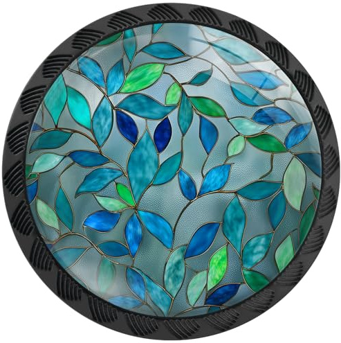 Artinhand Schrankknäufe aus Buntglas, türkis und blaue Blätter, runde Schubladengriffe, schwarz, Kommodenknauf, Schranktürgriffe, Hardware für Küche, Badezimmer, Schränke, 4 Stück