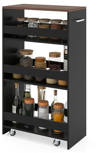 GIANTEX Nischenregal 25 cm breit, Küchenregal Küchenschrank Küchenwagen, Nischenschrank Nischenwagen auf Rollen, Badregal Rollwagen Holz 4 Etagen, Schmales Regal für Küche, 47,5 x 25 x 80,5 cm