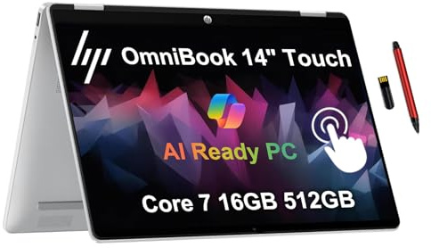 HP OmniBook 5 Flip 2-in-1 14 2K Touchscreen Laptop, Intel 10-Core 7 150U, 16GB LPDDR5 RAM, 1TB SSD, Intel Graphics, Copilot, Backlit Keyboard, Wi-Fi 6E, Windows 11, Glacier Silver, EAT 16GB USB Pen