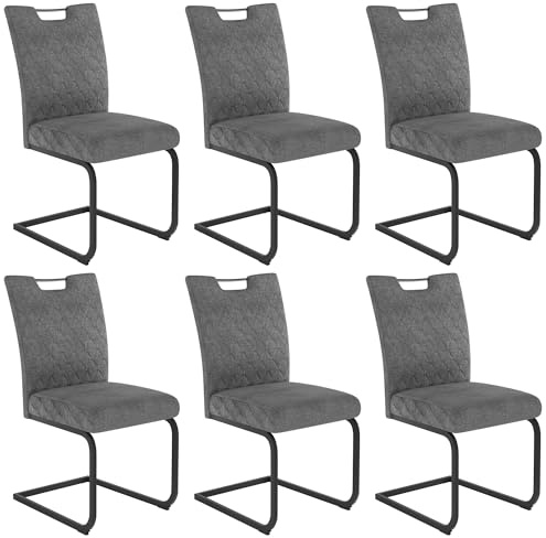 JIEXI Schwingstuhl Esszimmer 6er Set – Freischwinger Polsterstuhl mit extra dickem Sitzkissen, Stoffbezug Grau & gesteppter Rückenlehne, Metallkufen stabil, bis 113 kg (Dunkelgrau 6 Stühle)