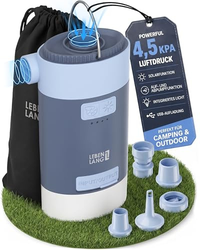 LEBENLANG 3 in 1 Elektro Luftpumpe Akku - 4,5kPa & 4000mAh mit Solarpanel | IPX4 Elektrische Pumpe Akku Elektrische Luftpumpe Boot Camping Zelt Aufpumpen Schlauchboot Kabellose Air Pump Aufblasgerät