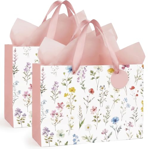 COMOOKA 2 Blumen Geschenktüten Geburtstag Papiertüten Hochzeit 28x10x20cm | 2 florale Papiertüten mit Henkel, 4 rosa Seidenpapier – Geschenkverpackung für Hochzeit, Geburtstag & Babyparty