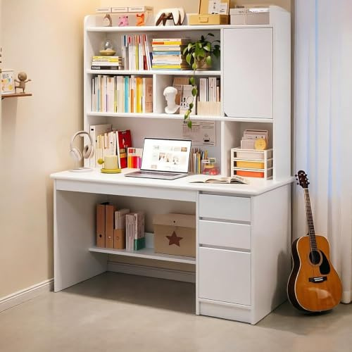 GXQFC Estación de Trabajo de La Oficina en Casa de Madera, Mesa Compacta para Computadora Blanco, Mesa para Estudio con Estantes y Cajones 120x45x165cm