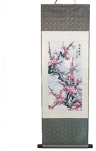 Lachineuse – Kakemono Fleurs de Ciruela – Tapiz de Pared – Decoración Japonesa para Colgar – 120 x 38 cm – Símbolo de Esperanza – Cuadro japonés – Color Gris – Idea de Regalo de Japón Asia