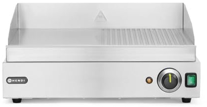 HENDI Plancha à griller électrique mixte 1/2 lisse et 1/2 rainurée, plaque de cuisson, grill barbecue avec tiroir à graisse amovible, température jusqu’à 300°C, 230V, 2400W, 550x380x(H)240mm, inox