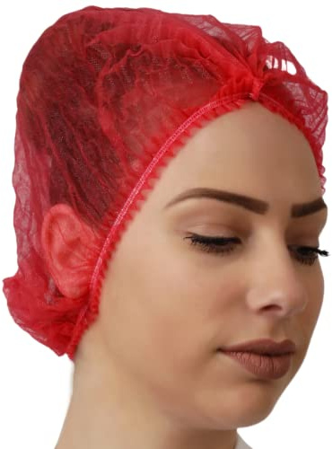 RED- bag of 100, Disposable Hairnets, Mob Caps, 21'', UK MANUFACTURER Non-Woven material, Ideal for Kitchen, Catering, Food Industry, Laboratories, Protective Hair, (100)