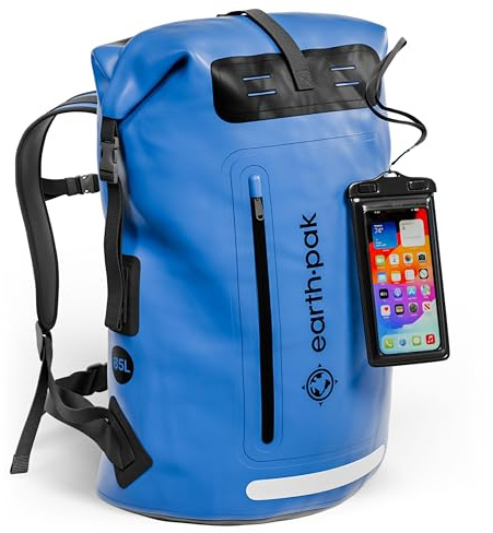 Earth Pak Sac à dos imperméable – Fermeture robuste enroulable avec poche avant zippée facile d'accès et panneau arrière rembourré pour plus de confort avec étui étanche IPX8